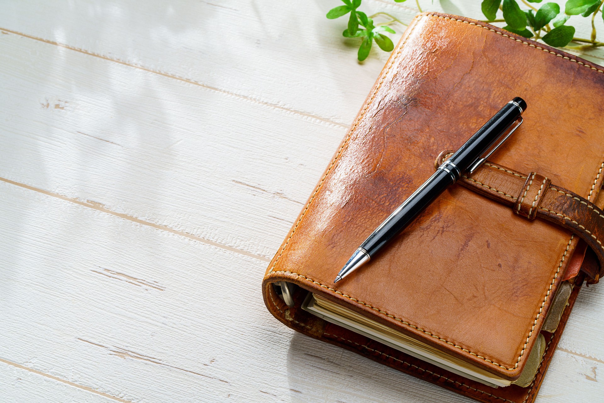 Ring bound planner and pen on wooden table